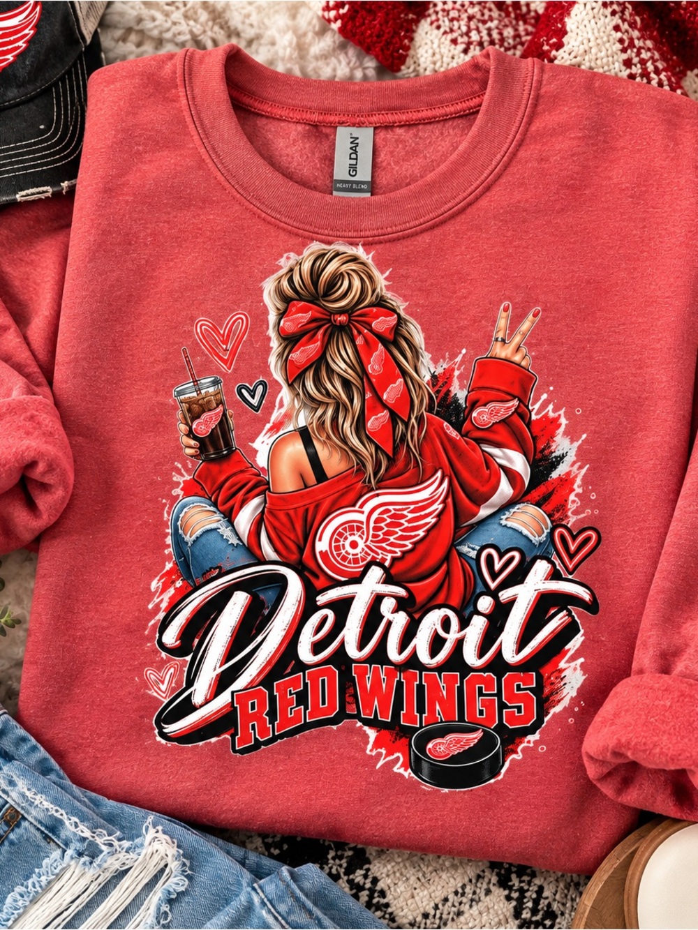 Gildan Coral Detroit Red Wings Graphic Crewneck